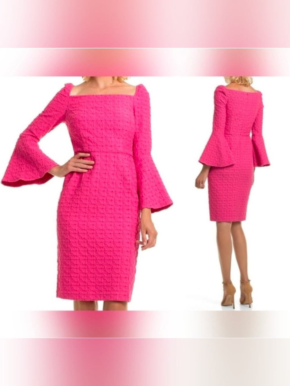 Trina Turk Pink Square Neck Bell Sleeve Sheath Dress